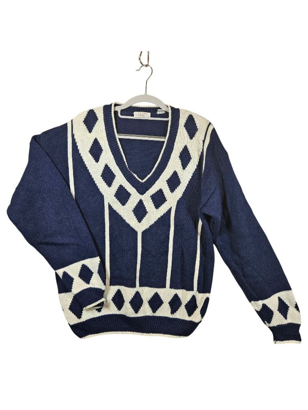 Vintage Honors Navy & White V-Neck Womens L Sweater Diamond Pattern career casua